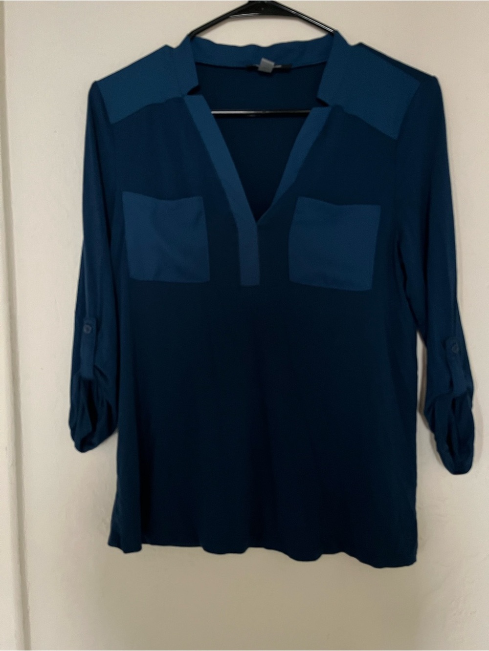 Womens Teal V-Neck Blouse with Patch Pockets